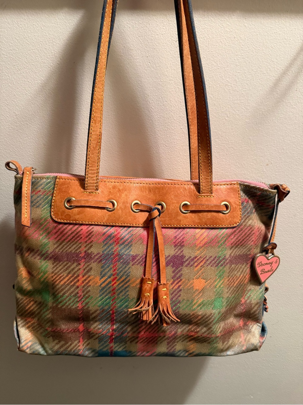 Dooney & Bourke Madras Plaid vintage Y2K shoulder tote bag with tassel